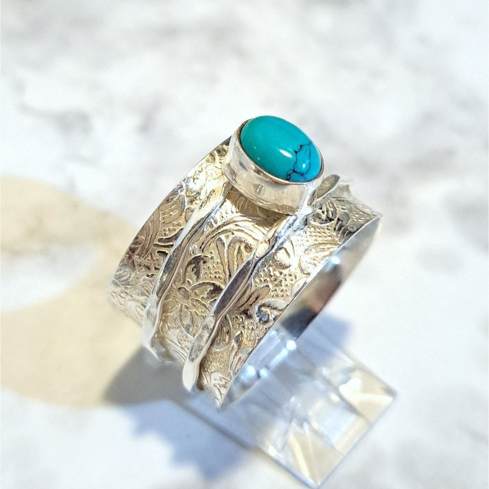 Natural Turquoise Steering Silver Meditation Fidget Spinner Ring - Picture 4 of 13